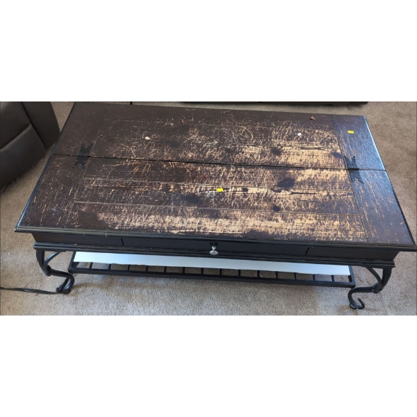 Wood & Metal Coffee Table w/ Storage (26D, 48L, 19T) w/ Wicker Shelf (Contents Incl. Some Damage)