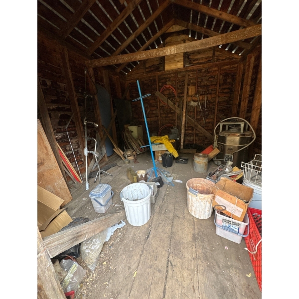 7 all contents in shed included, chicken wire, chain, two antique toboggan, industrial lighting, Par