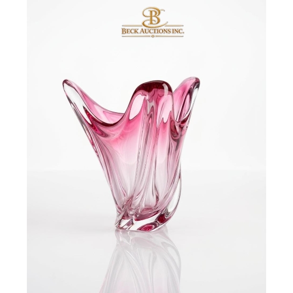 Vintage Val Saint Lambert Pink And Clear Crystal Vase From Belgium, Dating From The 1960s 8''HEIGHT 