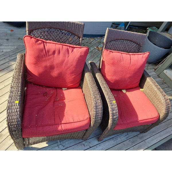 Set of 6 Patio Chairs with Mismatched Cushions (2X Armchair 38"T, 31"W, 26"D) and 4 Side Chairs 