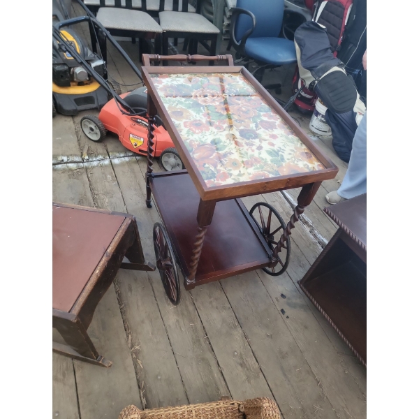 Wooden Tea Cart - Glass Covered Floral Needlepoint Top (30" x 17.5" x 32" Inches)