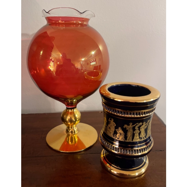 Cranberry Footed Globe 11T w/ 24K Gold Spyropoulos Greek Pottery Urn 