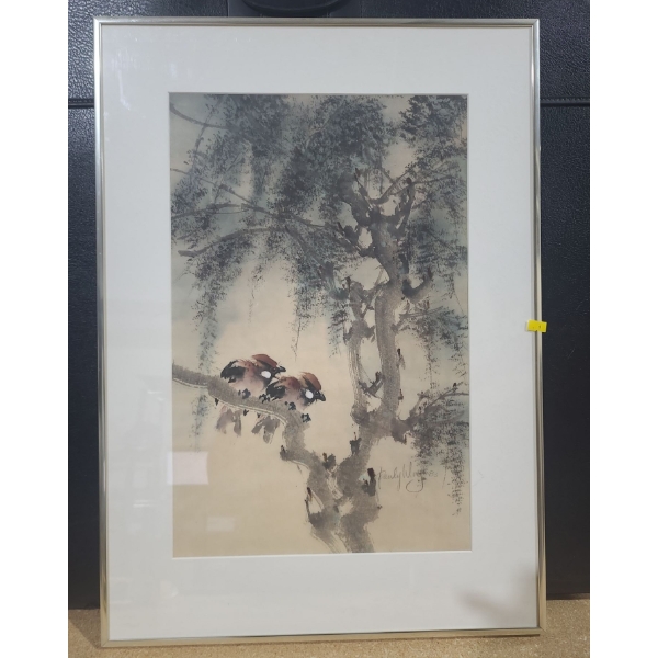 Asian Birds in Tree Painting 20 X 28, Framed Under Glass, Signed by Pauly Wong