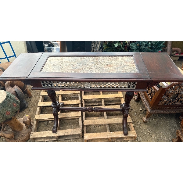 Beautiful Wooden Desk with Carvings, Side Panels Can Fold Open 68W, 22D, 35T When Open  