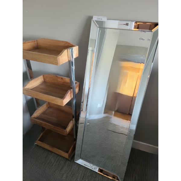 Storage Stand 17 w, 40.5 h, 10 d and Mirror 18 w, 48 h (Mirror Cracked Along Bottom as Shown)