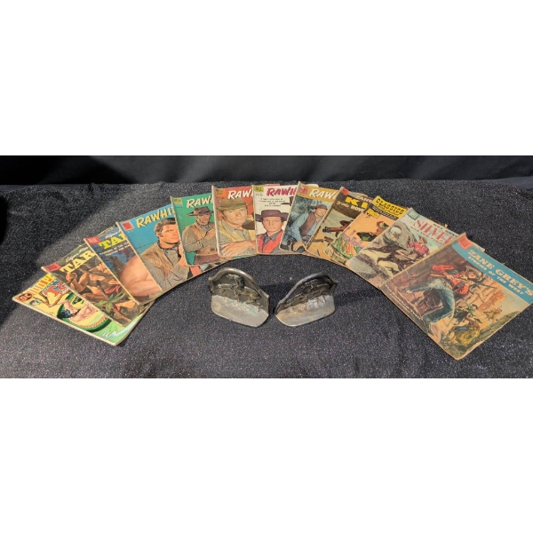 Western-Themed Comic Books with Cast Iron Native American Motif Bookends