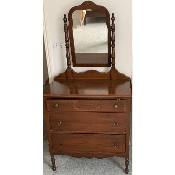 Antique Walnut 3 Drawer Dresser w/ Mirror 38x19x54