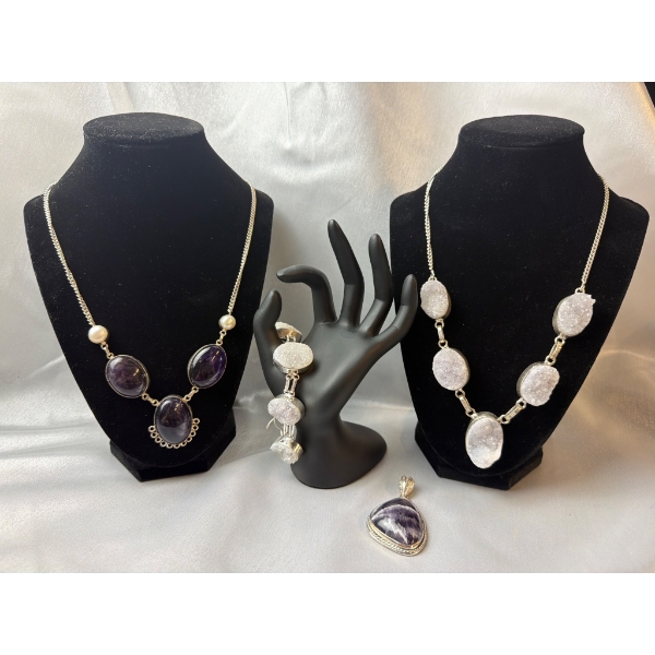 Amethyst and Druzy Amethyst Jewelry Set with Pearls in Stamped .925 Silver