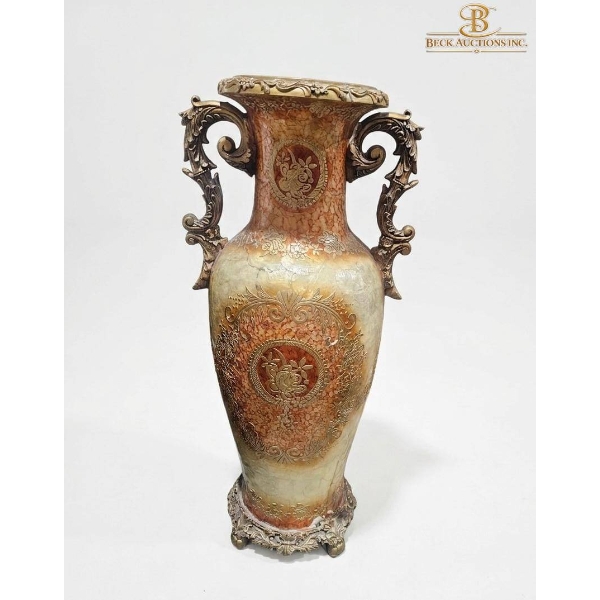 Decorative Vase with Ornate Handles and Embossed Detailing, 40-Inch Height