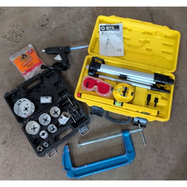 Laser Level Hole Saw Set Glue Gun w/ Sticks & Large Clamp