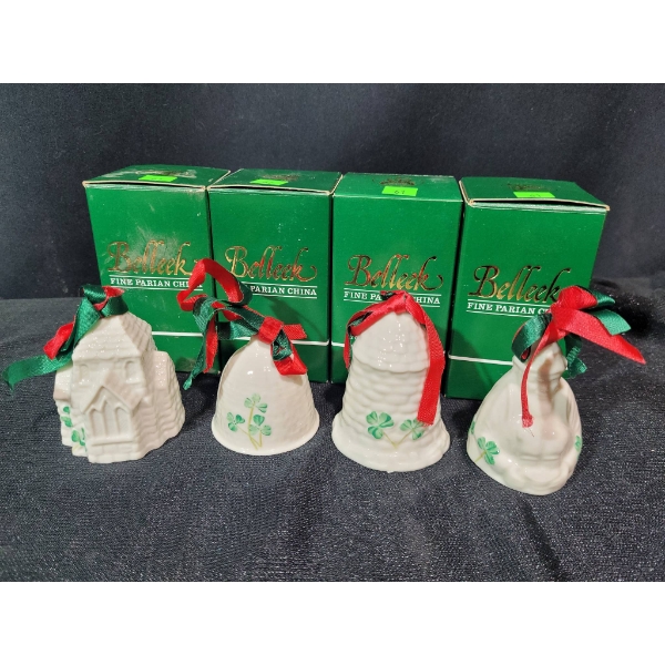 Four Belleek Fine Parian China Collectible Christmas Bells with Boxes