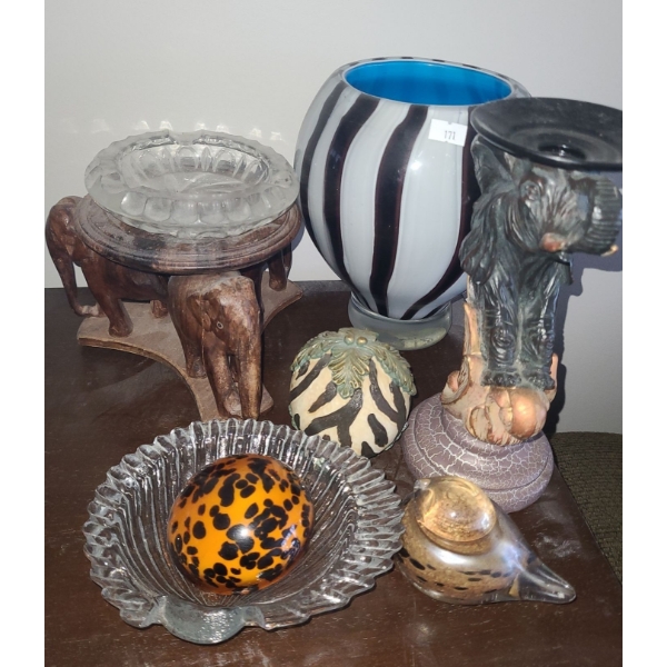 Paperweight, Glass Bird, Elephant Stand 5 T, Striped Glass Vase 9 T and More!