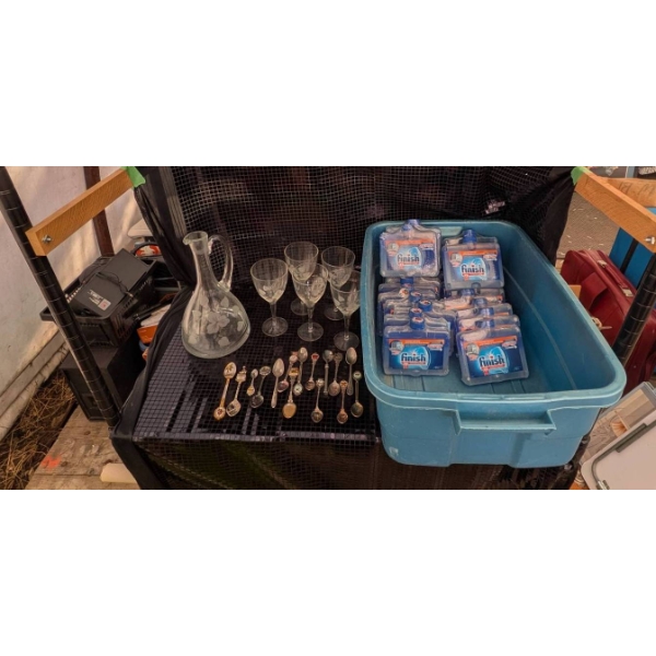 Dishwasher Cleaners, Glassware Set, and Souvenir Spoon Collection