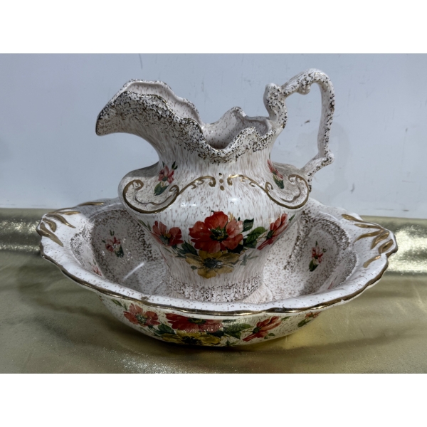 Vintage-Style Ceramic Pitcher and Bowl Set with Floral Decoration