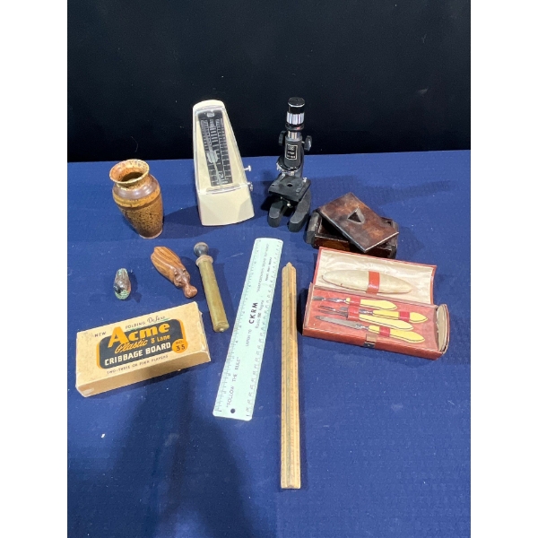 Vintage Items; Includes Cribbage Board, Metronome, Microscope, Satin/Velvet Nail Kit, and more