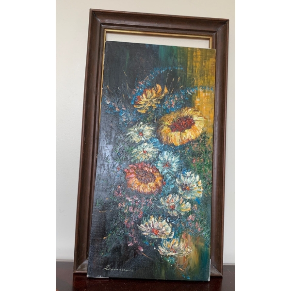 Oil On Canvas Floral Art Artist Illegible 27L (damage to frame) 