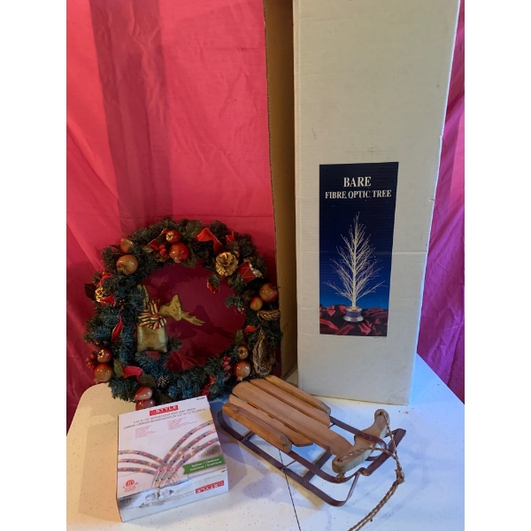 Christmas Lot, Lights New, Sled, Wreath and Fibre Optics Tree New In Box