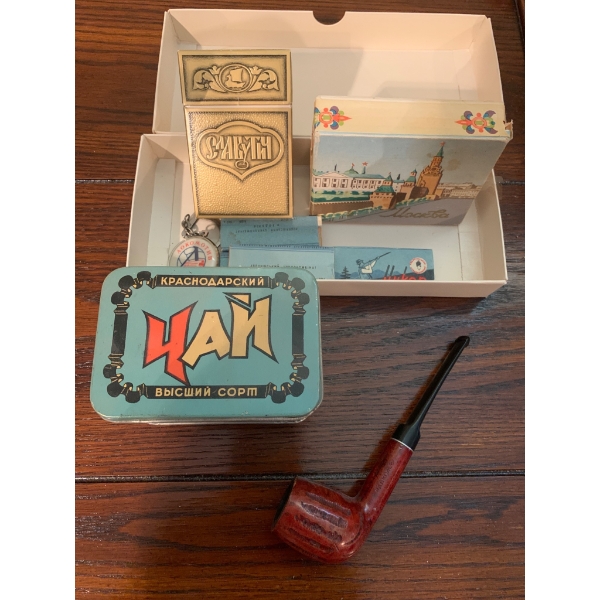 Tobacco Pipe, Tea Tin, CCCP & Soviet Space Dog Cigarettes, and Moscow Keyring
