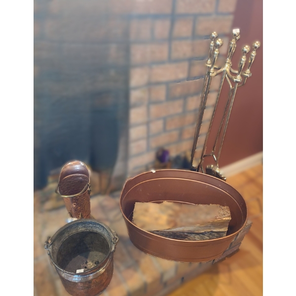 Fireplace Tool Set w/ Stand 32 T, Tall Match Pail 13 T, 25 W, Firewood Bucket 15.5 D, 9 T, Pail 