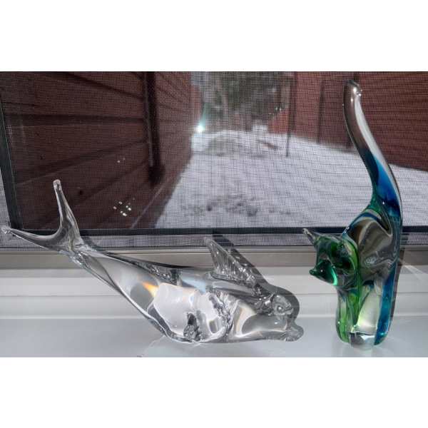 Murano Glass Creatures - Sprung Cat w/ Beached Whale 10"Long  (Cat Is Missing Tip Of Tail!!)