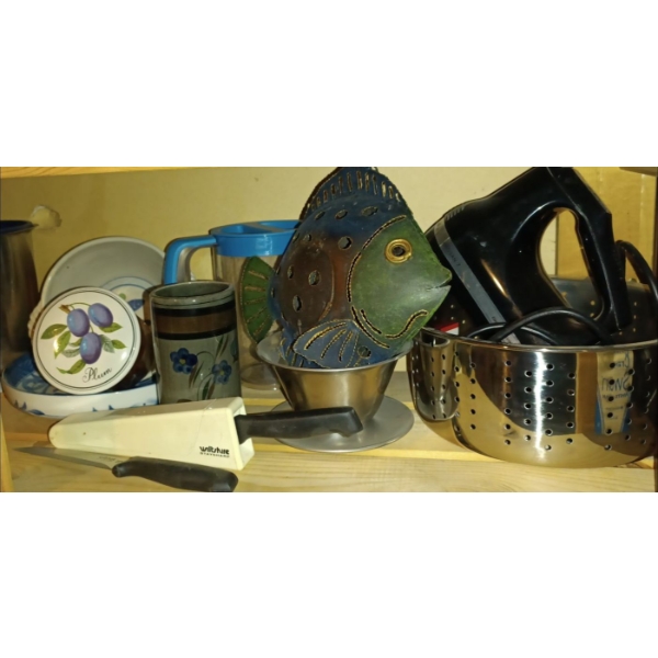 Assortment of Kitchen Items & Decorations   Strainer, Mixer, Cannister, Fish Decoration w/Jug & Cup