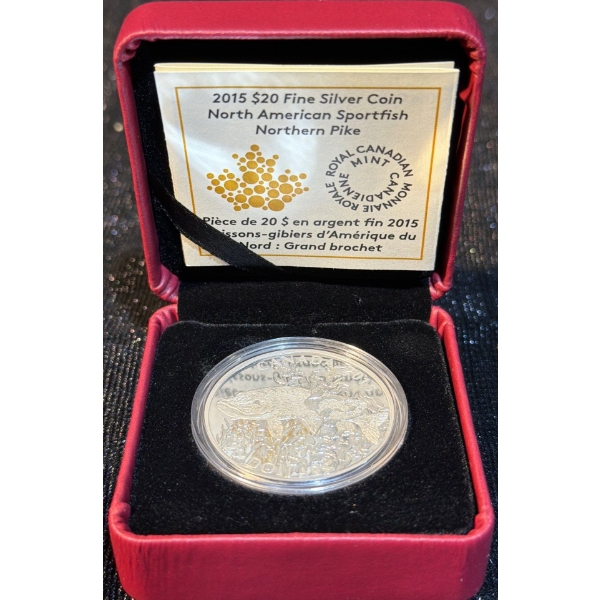2015 $20 North American Sportfish Northern Pike Fine Silver Coin 31.39 Grams