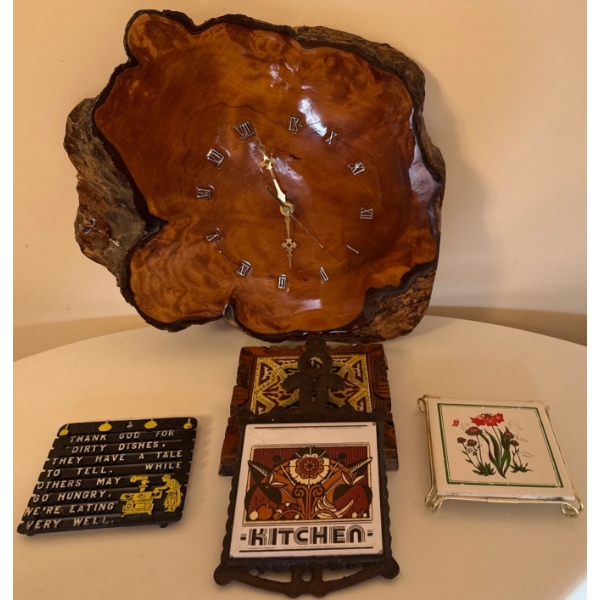 Live Edge Polished Wood Slab Wall Clock-Burl Wood & Multiple Vintage Trivets