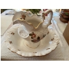 Image 1 : Collectible vintage porcelain wash pitcher and basin set featuring a pink rose floral pattern with g