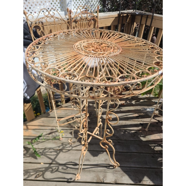 Metal Garden Set: Table 28" Top, 43 T, Four Chairs 19 W, 19 D, 46 T, Corner Shelf 20 W, 14 D, 55 T 