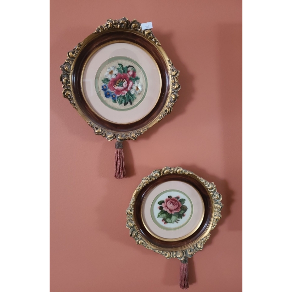 Pair of Framed Needlepoint Flowers 9.5 X 9.5 