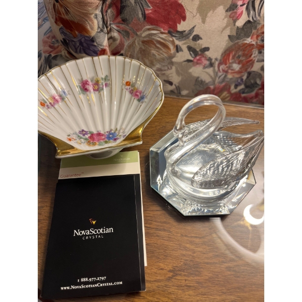 seashell porcelain dish made in occupied Japan and a crystal swan from the Nova Scotia Crystal Compa
