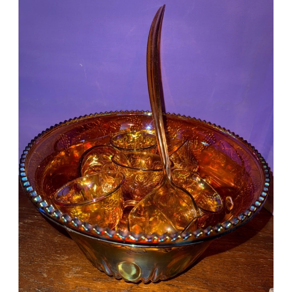 Vintage 13 Piece Indiana Amber Marigold Iridescent Carnival Punch Bowl w/12 Cups
