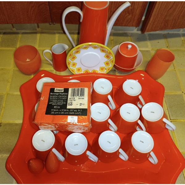 Retro MCM Orange Cup & Jug Set- Made in Japan w/ Napkins + Matching Tray