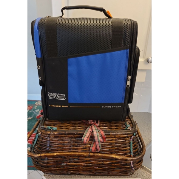 Lovely Wooden Basket w/ Picnic Kit Inside & Ogio Sport Locker Bag 
