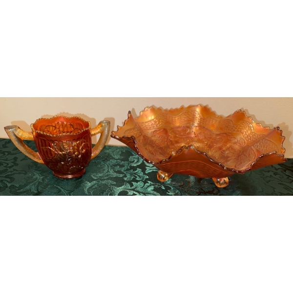Pansy Sugar Bowl & Two Flowers Footed Bowl Marigold Carnival Glass Fenton +Imperial