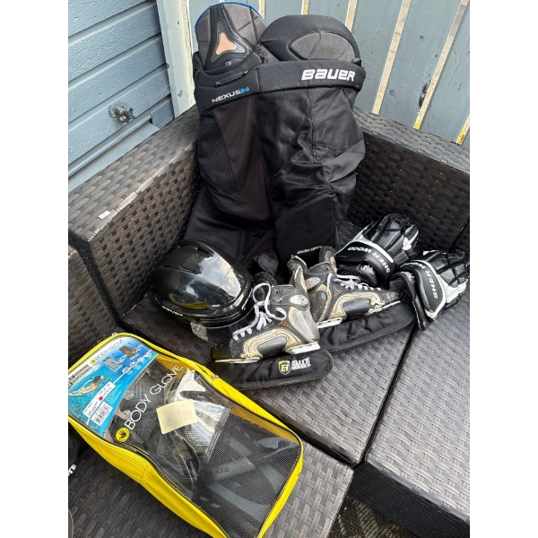 Bauer Hockey Equipment- Pads, Helmut, Gloves, Skates (size7-8) & (size Medium)