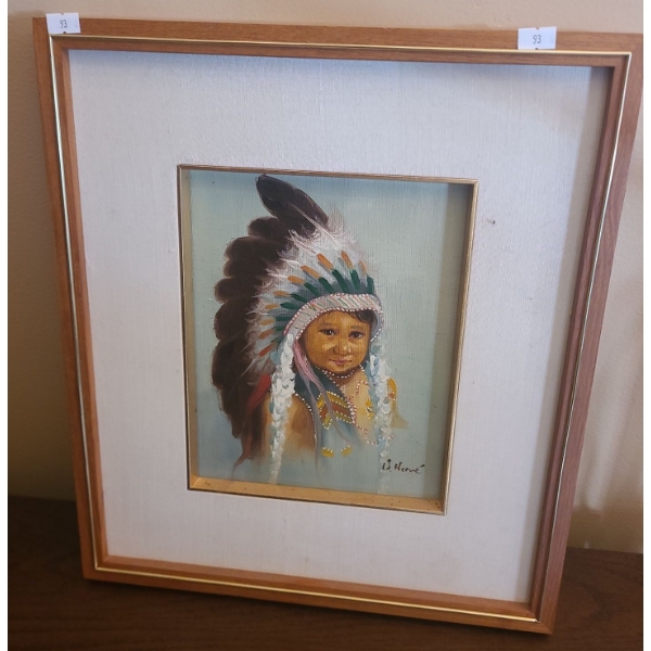 Painting of Indigenous Youth- Artist B. Herve, 15 X 17 Framed Paint on Canvas Board