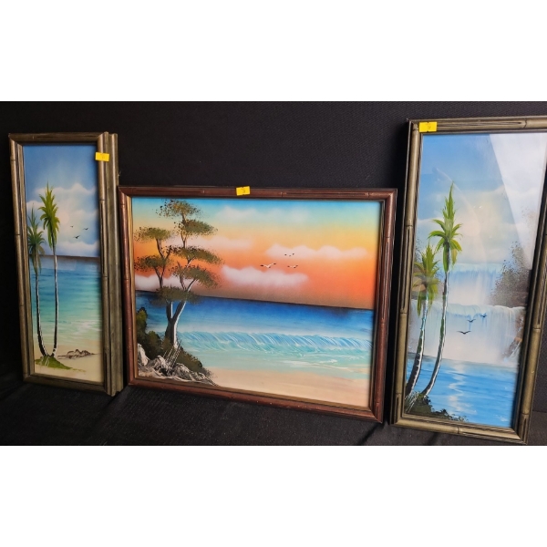 Trio of Beach Paintings- Two: 8 X 19 , Largest: 19 X 15, Framed Under Glass