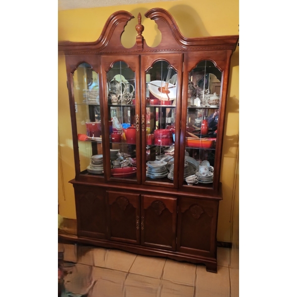 Cherry Finish China Cabinet with Bottom Cupboard, Glass Shelves, and Light 87 T, 60 L, 16 W