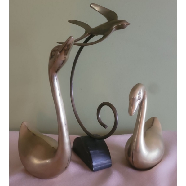 3 Brass Decorative Pieces - Swans (2) & Bird 