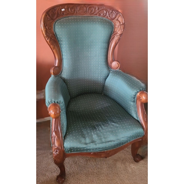 Upholstered Arm Chair w/ Craved Wood Detail 25 W, 25 D, 46 T