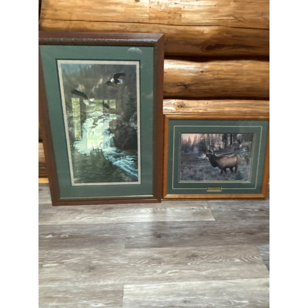 Two wildlife prints, one with eagle H34” W 23” and a waterfall the other with elk L24” H19”