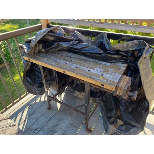 Antique outdoor work table with vice grip - 52W, 24D, 33T