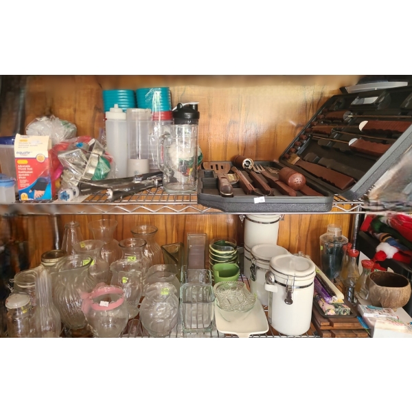 Contents of Shelf: BBQ Toolkit, USB Personal Blender, Vases- Green: 7 T, Canisters and More!