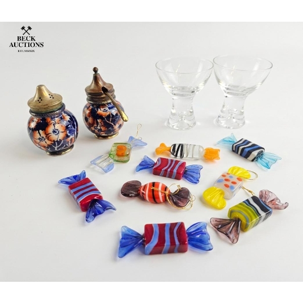 Collection Of Murano-style Glass Candies,  Hand-Painted Salt And Pepper Shakers Royal Crown Derby.