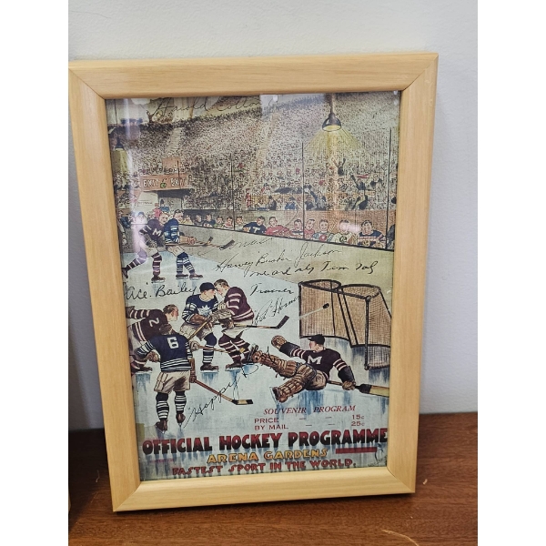 Framed Vintage Maple Leaf and Hockey Memorabilia with Vintage Glove
