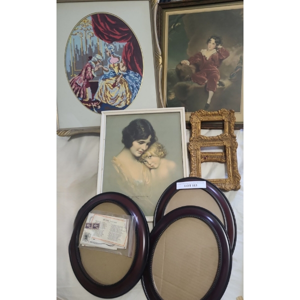 Victorian Themed Framed Needlepoint, Master Lambton Print, Mother/Child Print & 5 Asst Frames