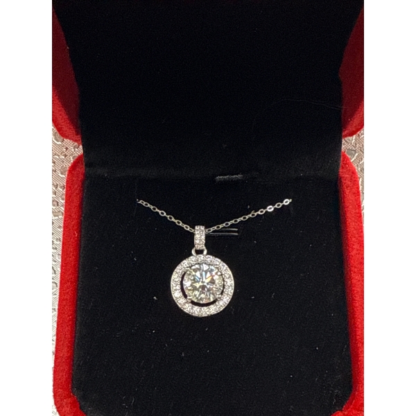 3ct TW GRA Certified Round Brilliant Cut Moissanite with 30 Round CZ set in 925 Silver Pendant
