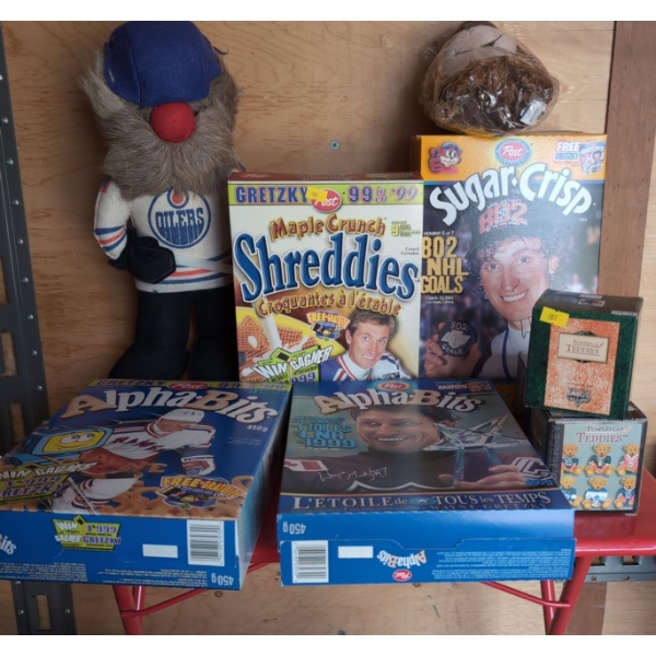 OIlers Toy Bear, Fufel Doll Hole in Foot and Wayne Gretzky Cereal Boxes. Some Boxes have Cereal