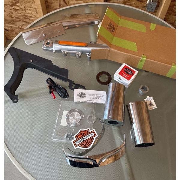 Original Parts From a Harley Bike Plus Harley 'Just Ride' Sign 